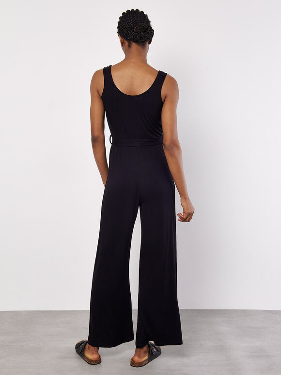 Sleeveless Ribbed Jersey Jumpsuit, Black, large
