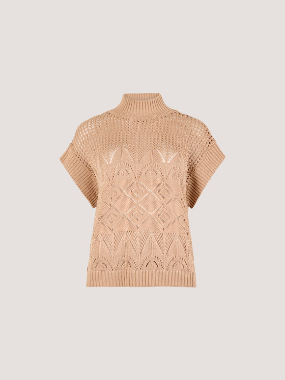Mock Neck Pointelle Knit Top, Stone, large