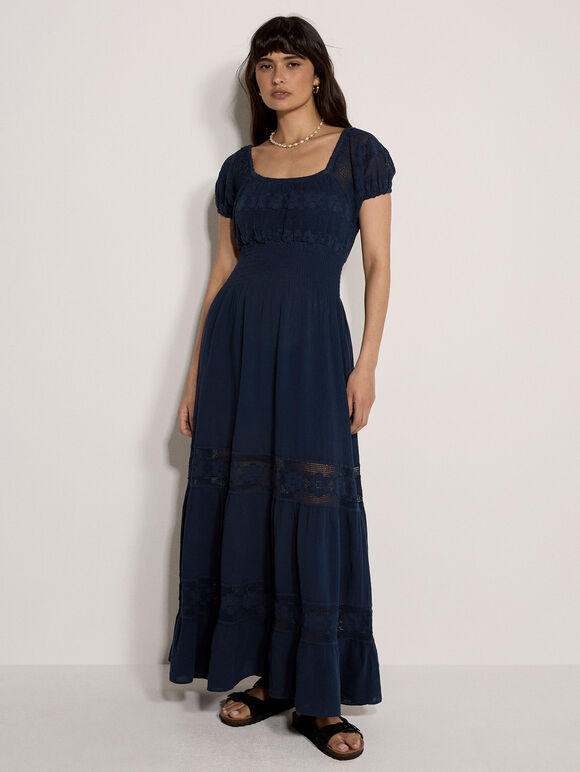 Floral Lace Milkmaid Maxi Dress, Navy, large