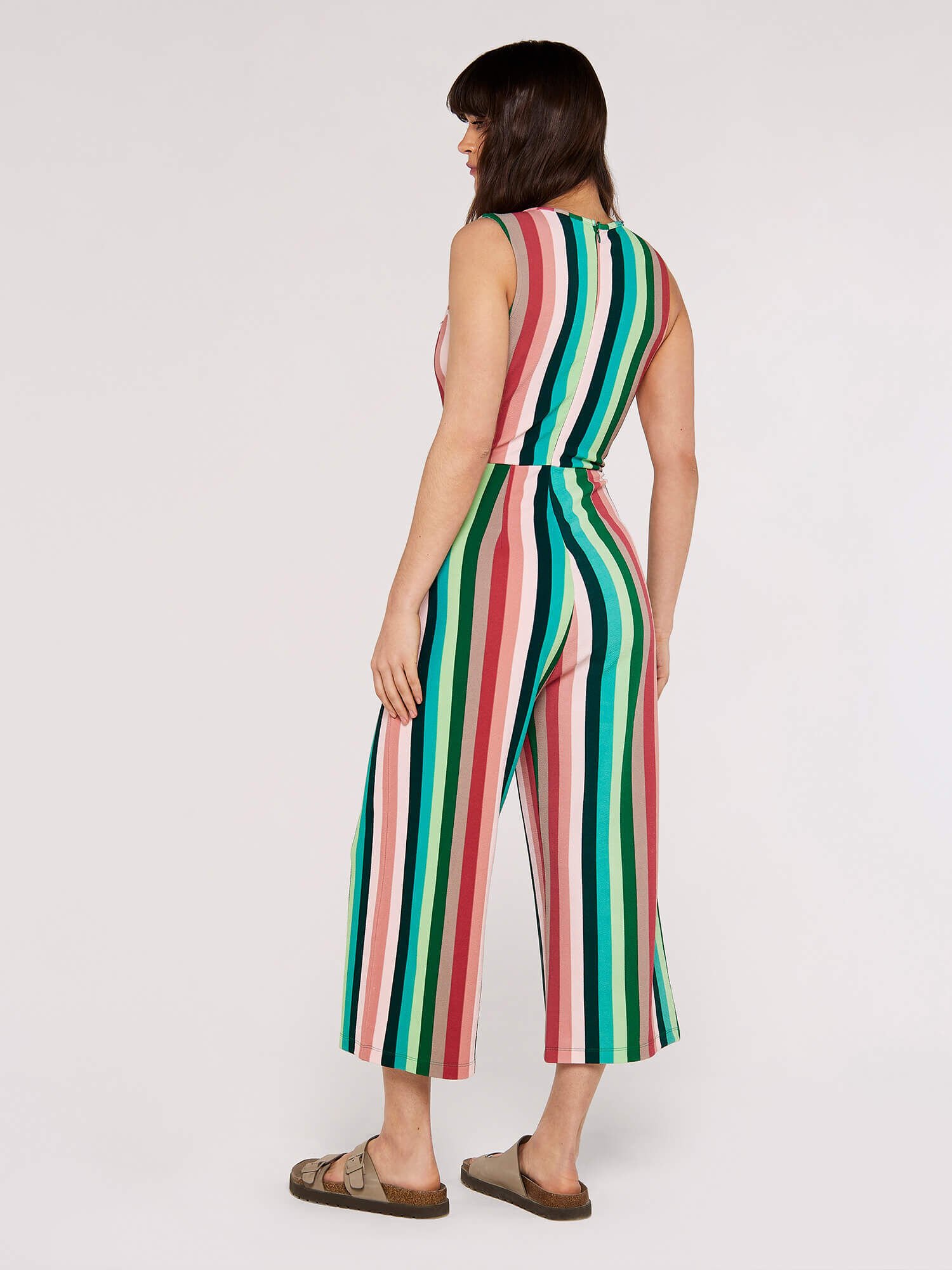 Multi stripe Tie Waist Jumpsuit Apricot Clothing