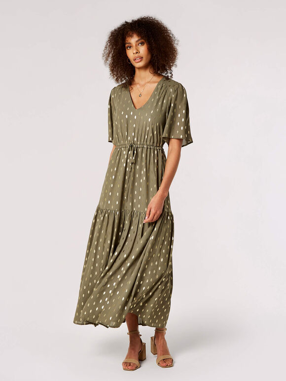 Gold Foil Tier Maxi Dress, Khaki, large