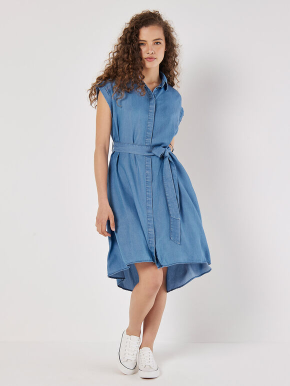 Denim Shirt Mini Dress, Blue, large