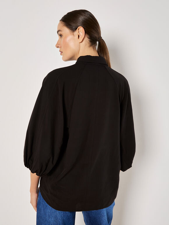 Seam Detail Puff Sleeve Shirt, Black, large