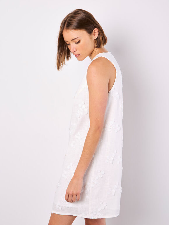 Floral Embroidered Shift Mini Dress, White, large