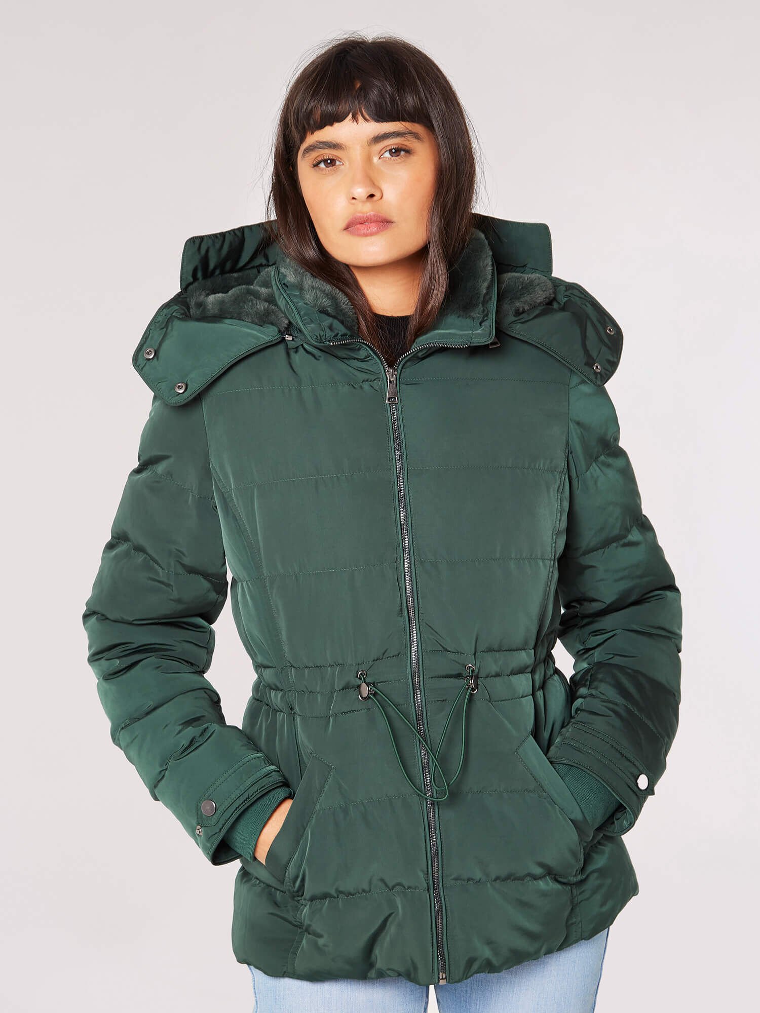 Faux Fur Hood Puffer Jacket Apricot Clothing