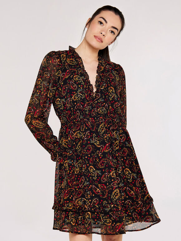 Paisley Ruffle Mini Dress , Black, large