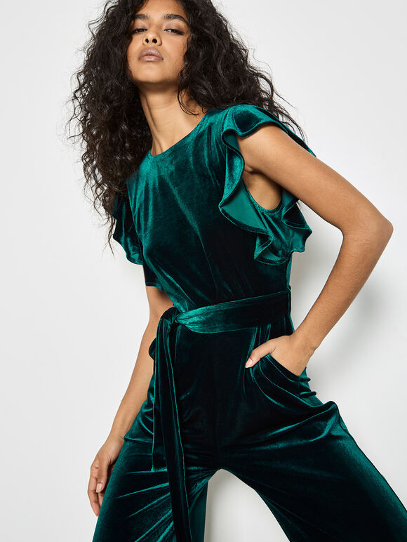 Wide Leg Velvet Ruffle Jumpsuit, Green, large