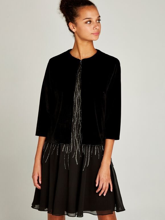 Black Sequin Lines Skater Dress, Black, large