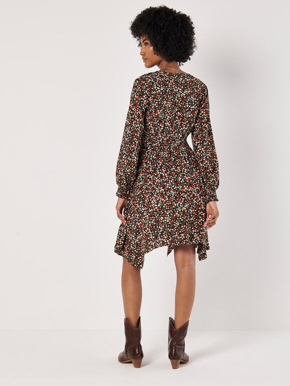 Ditsy Floral Smocked Mini Dress, Green, large