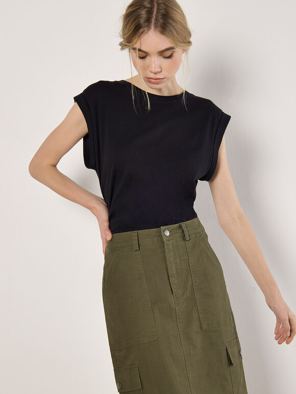 Cotton Cargo Midaxi Skirt, Khaki, large