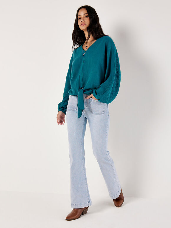 Cotton Oversized Tie Hem Top, Teal, large