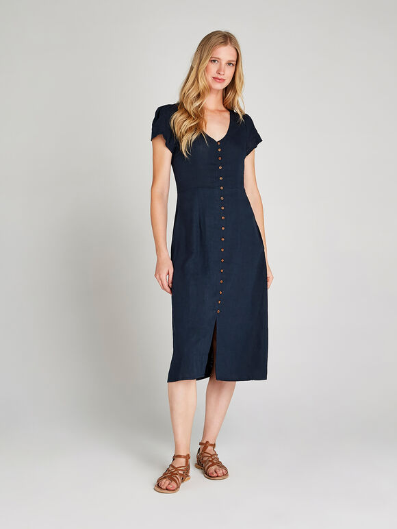 Button Down Cap Sleeve Midi Dress, Navy, large