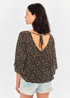 Ditsy Tie Back Angel Sleeve Top, Black, large