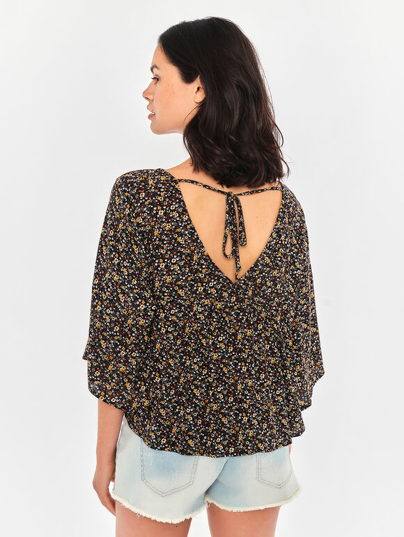 Ditsy Tie Back Angel Sleeve Top, Black, large