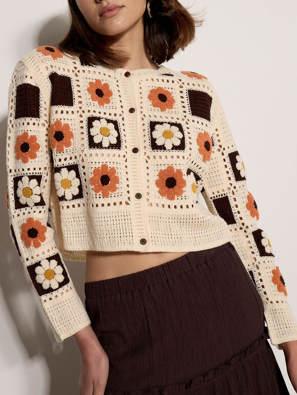 Patchwork Daisy Crochet Cardigan, Stone, large