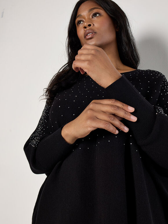 Curve Rhinestone Embellished Batwing Jumper, Black, large