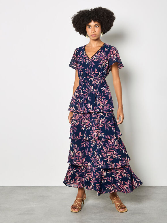 Watercolour Leaves Chiffon Tiered Maxi Dress, Navy, large