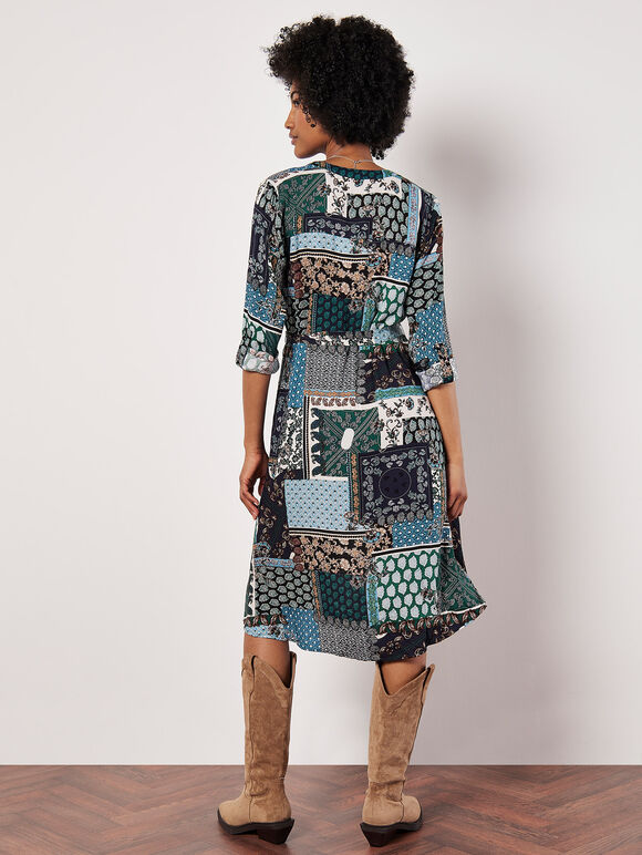 Patchwork Paisley Shirt Mini Dress, Navy, large