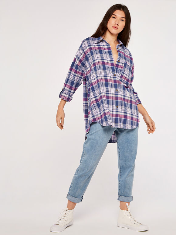 Oversized Check Shirt, Blue, large
