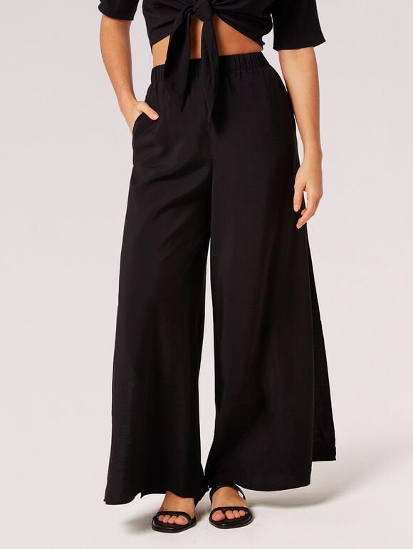 Textured Side Split Palazzo Trousers, Black, large