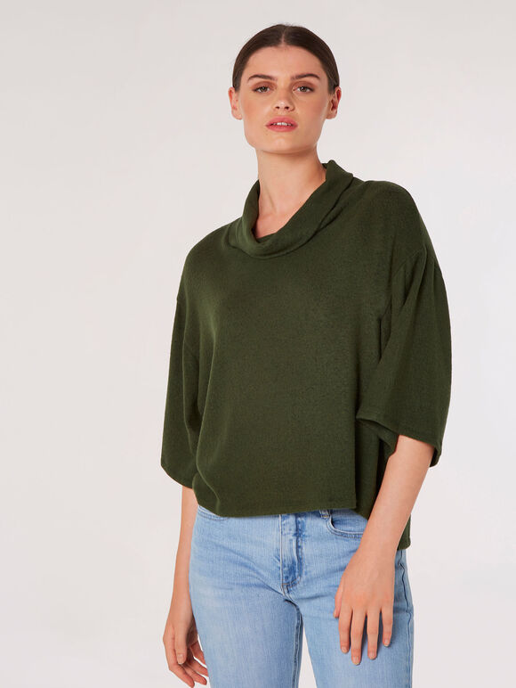 Oversized Cowl Neck Knitted Top, Green, large