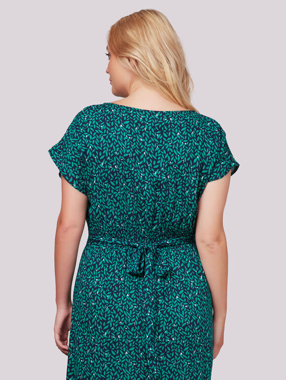Leaf Print Tie Back Midi Dress+, Navy, large