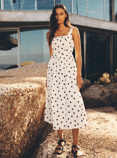 Polka Dot Smocked Midi Dress