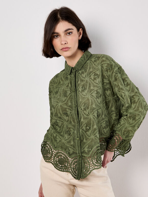 Textured Cotton Floral Crochet Blouse, Khaki, large