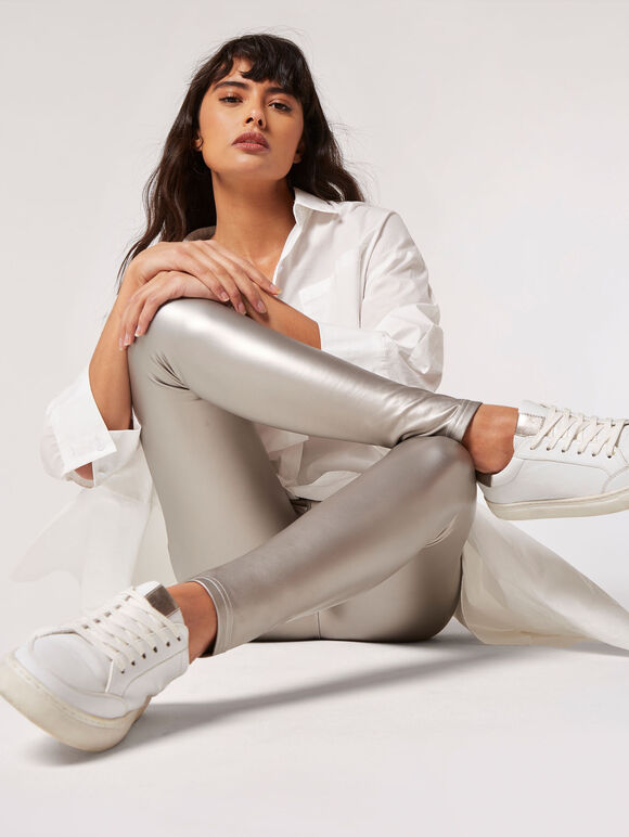 Metallic Leather-Look Leggings, Silver, large