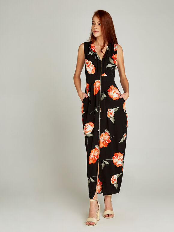 Black Peony Zip Front Maxi Dress, Black, large