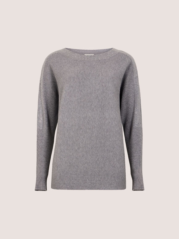 Diamante Embellished Ribbed Jumper, Grey, large