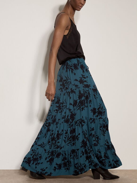 Floral Silhouette Crepe Maxi Skirt, Teal, large