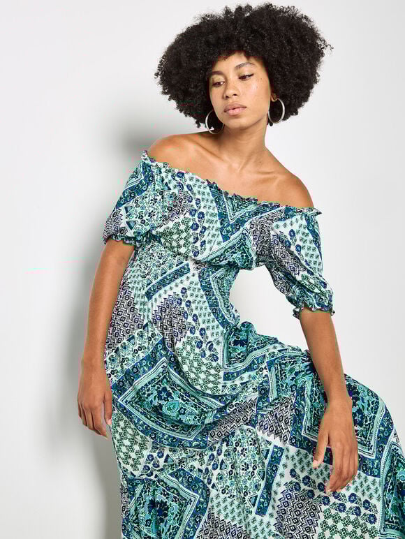 Boho Folk Print Maxi Dress, Blue, large