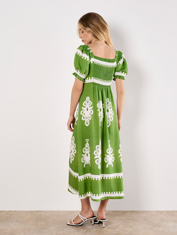 Folk Floral Print Midi Dress, Green, large