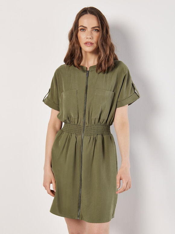 Zip-Down Utility Mini Dress, Khaki, large