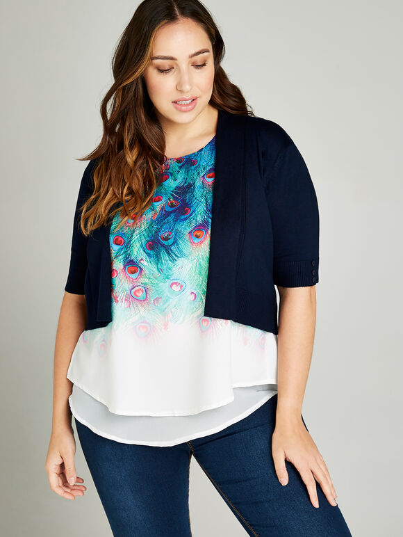 Button Sleeve Detail Knit Shrug +, Navy, large