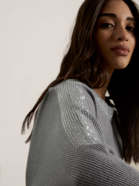 Diamante Embellished Ribbed Jumper, Grey, large