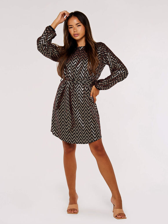 Chevron Mini Dress, Brown, large