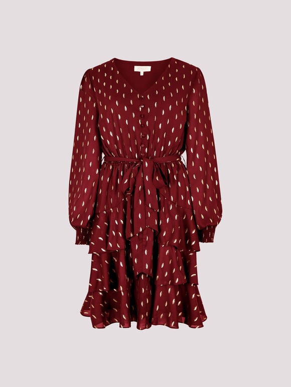 Gold Foil Spot Tiered Mini Dress, Burgundy, large