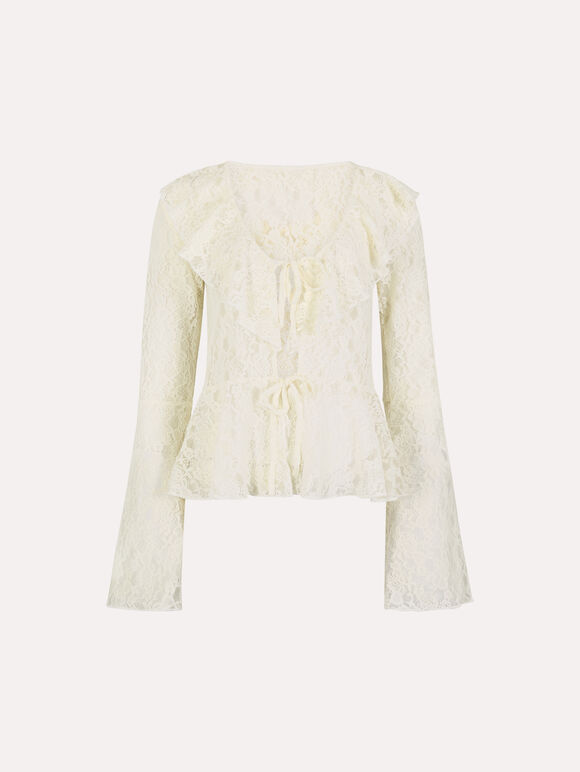 Lace Ruffle Cardigan, Cream, large