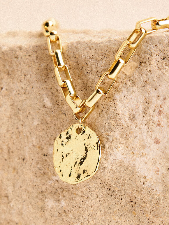 24K Gold Plated Hammered Coin Necklace, Gold, large