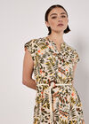 Belted Leaf Print Midi Shirt Dress, Stone, large