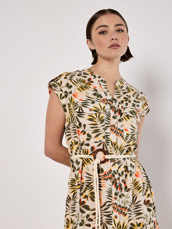 Belted Leaf Print Midi Shirt Dress, Stone, large