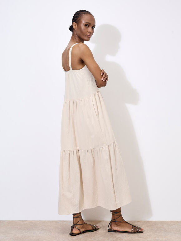 Bead Embellished Cotton Midaxi Dress, Stone, large