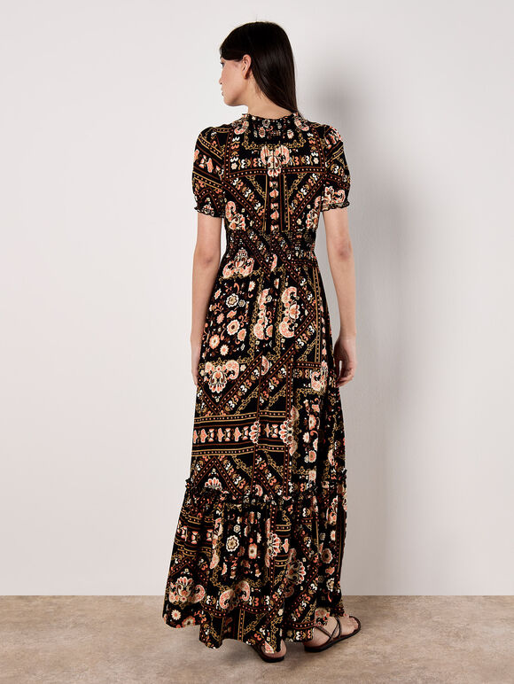 Scarf Print Smocked Maxi Dress, Black, large
