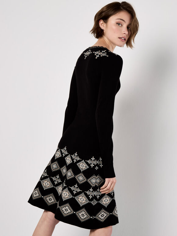 Diamond Border Snood Knitted Mini Dress, Black, large