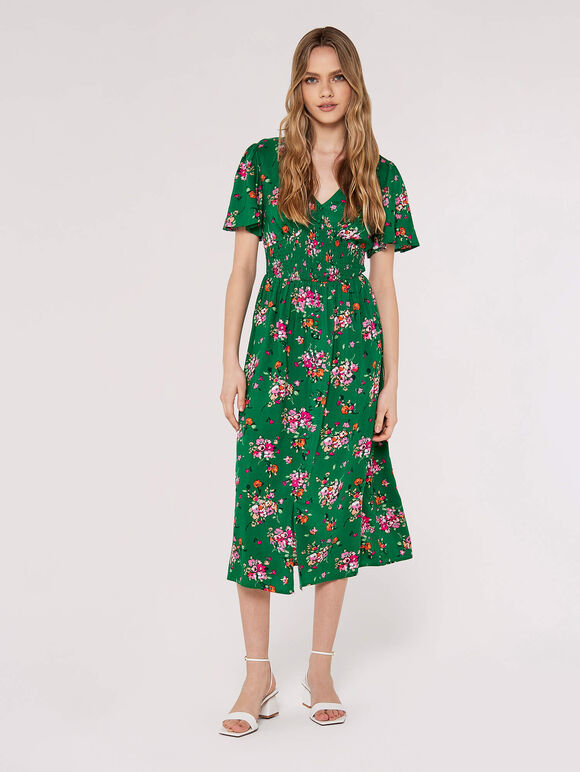 Smocked Bodice Midi Dress, Green, large