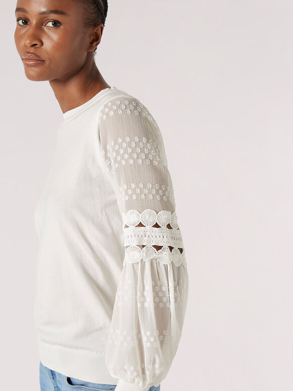 Contrast Chiffon Sleeves Jumper, Cream, large