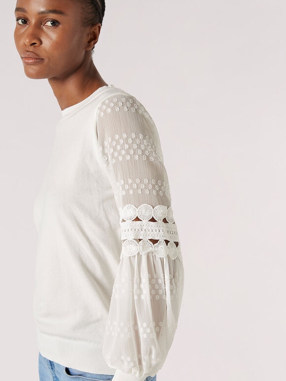 Contrast Crochet Sleeves Jumper, Cream, large