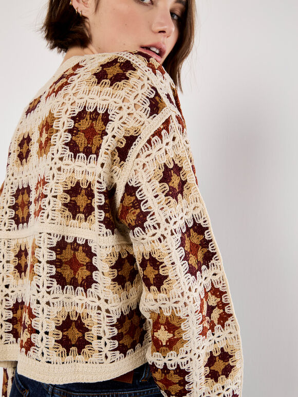 Crochet Squares Cropped Jumper, Burgundy, large
